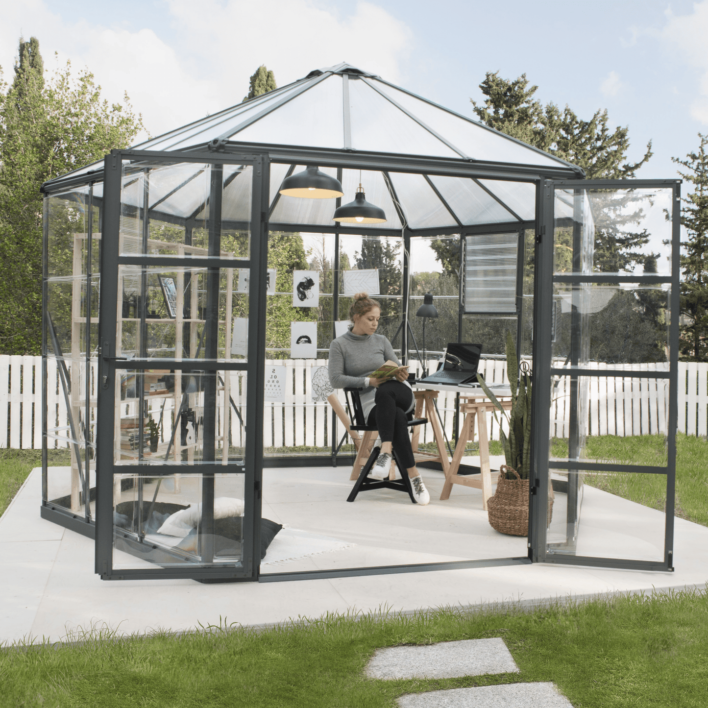 12' Oasis Hex Greenhouse - Grey Frame (3.7m x 3.2m) - mazeproducts