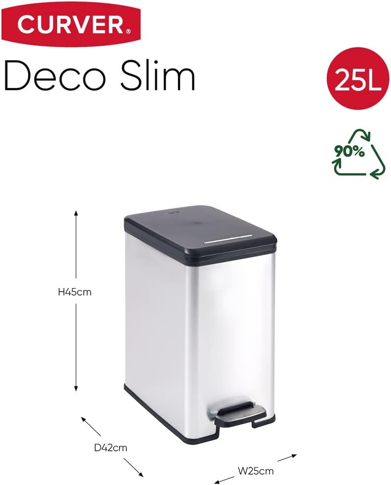 Curver Deco Slim Pedal Bin – 25L – Silver - mazeproducts