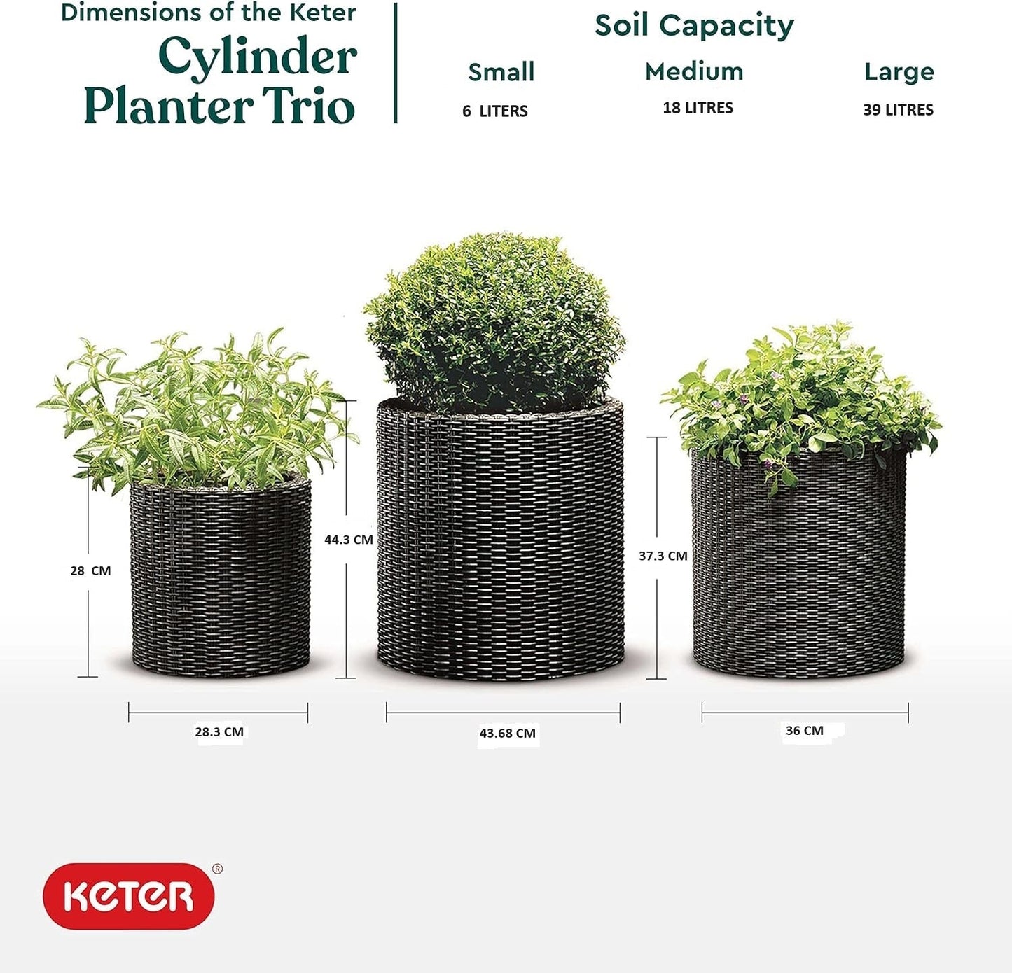 Keter Cylinder Planter - Set of 3 (S+M+L) - Dark Brown - mazeproducts