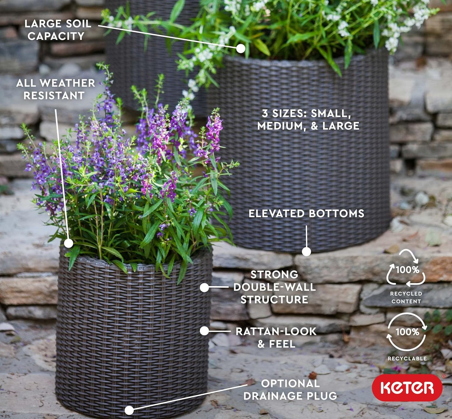 Keter Cylinder Planter - Set of 3 (S+M+L) - Dark Brown - mazeproducts