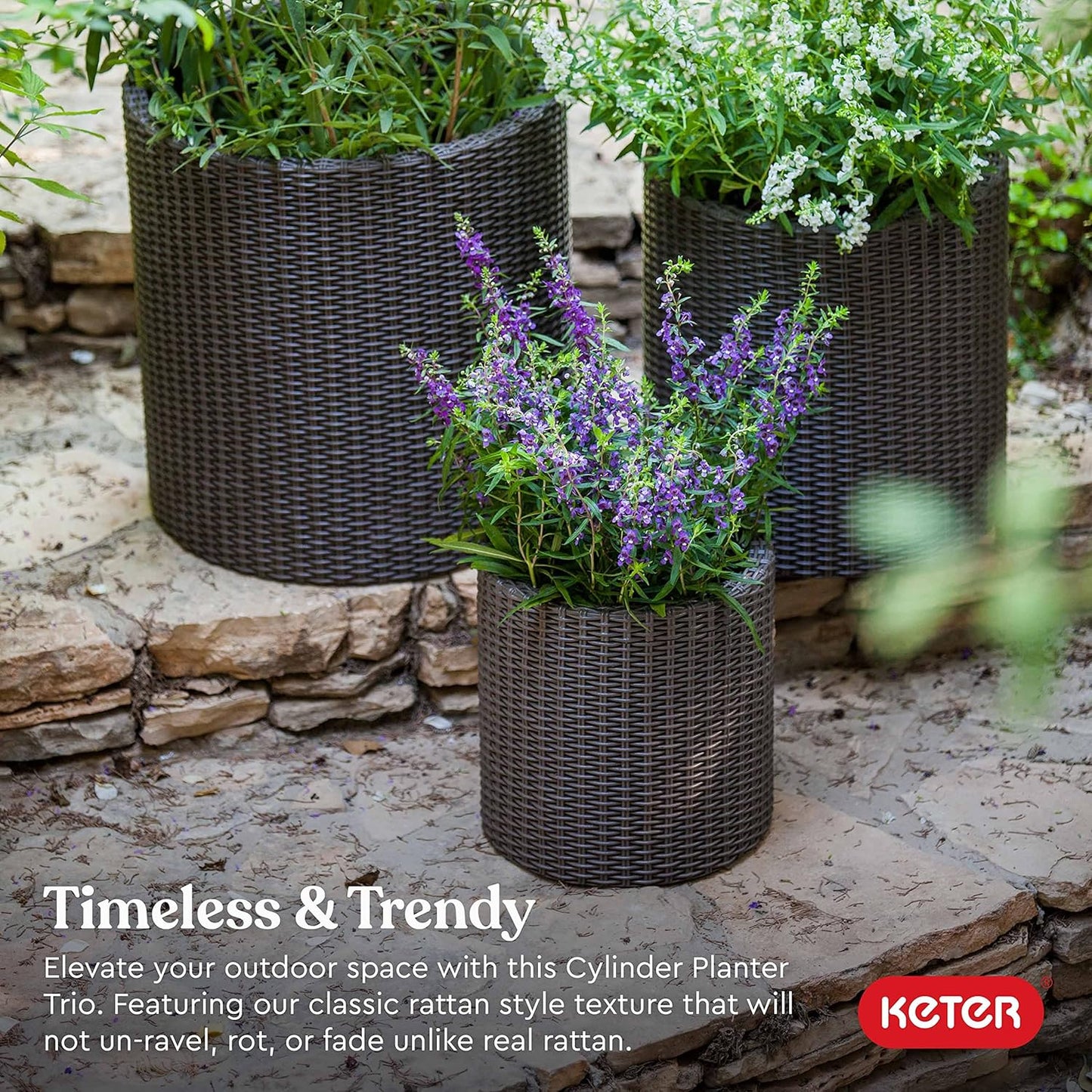 Keter Cylinder Planter - Set of 3 (S+M+L) - Dark Brown - mazeproducts