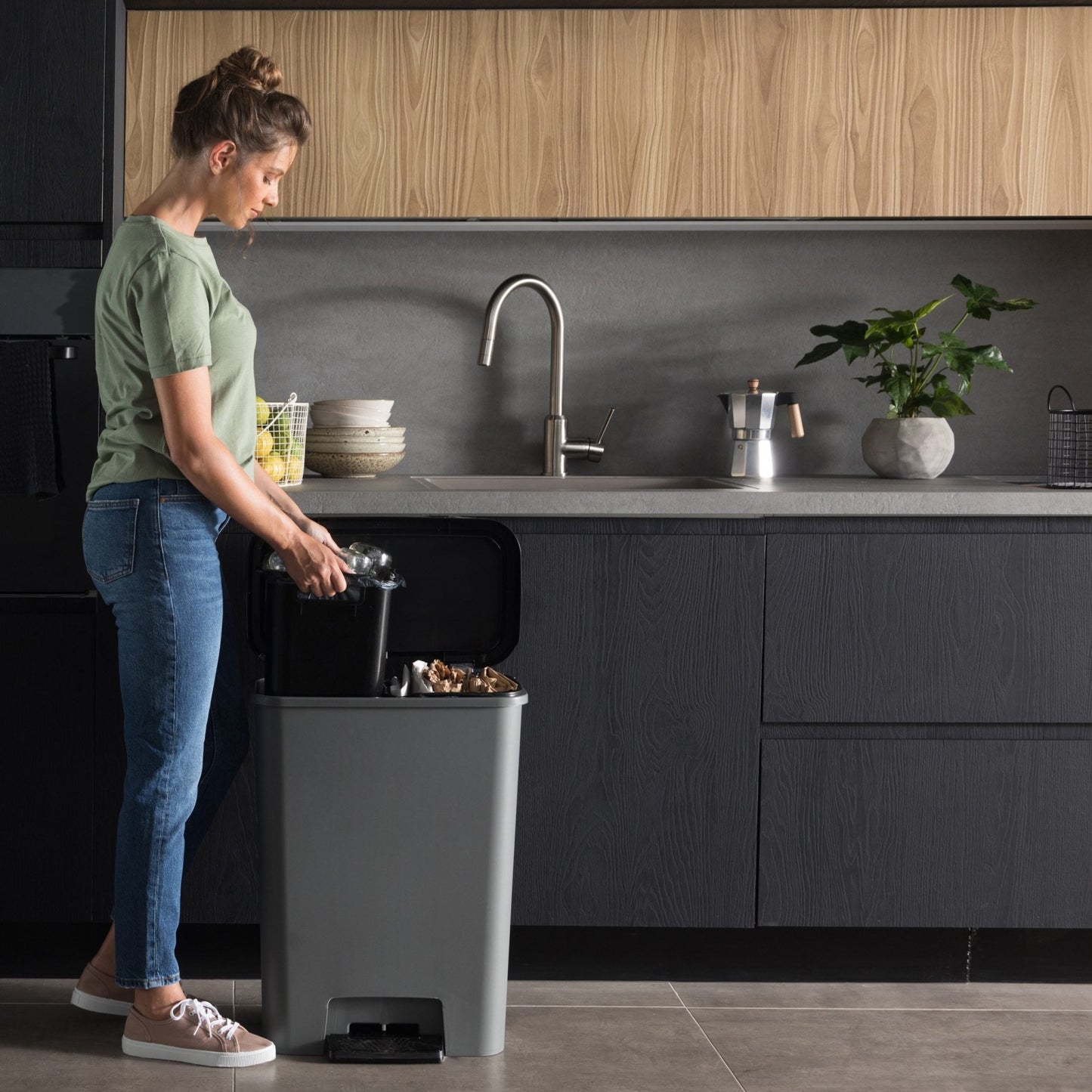 CURVER Compattia Duo Pedal Bin - 2 x 23L - Grey - mazeproducts