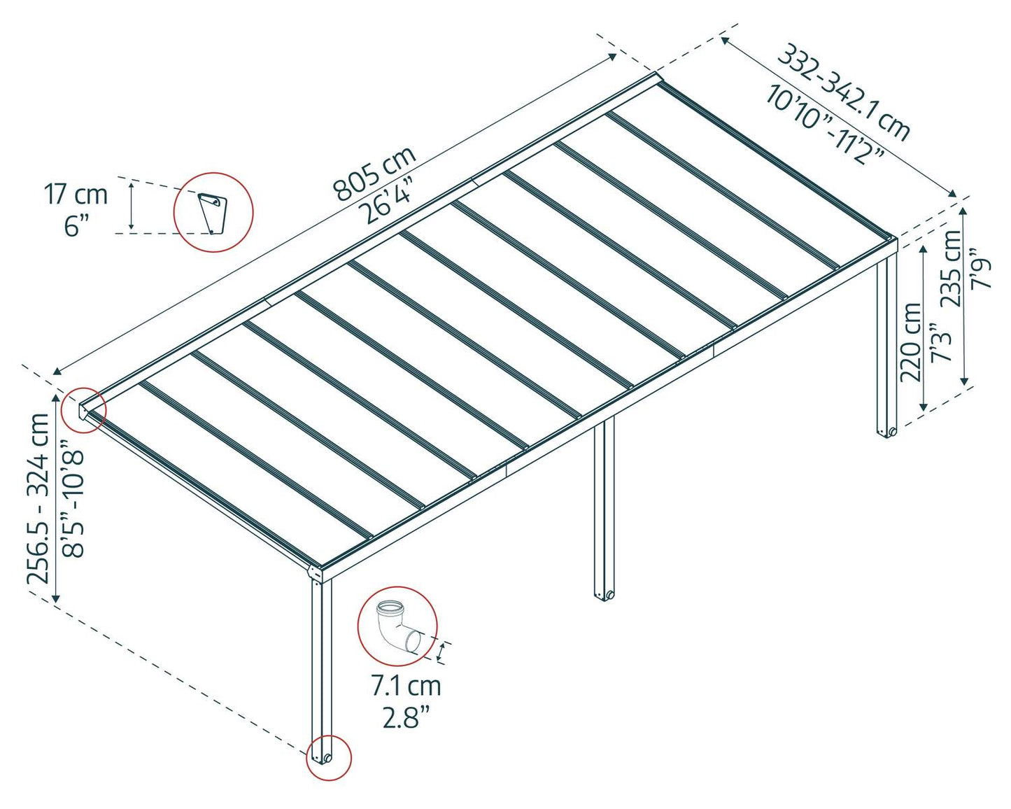 Stockholm Patio Cover 8m x 3.4m - Grey Frame With Clear Roof
