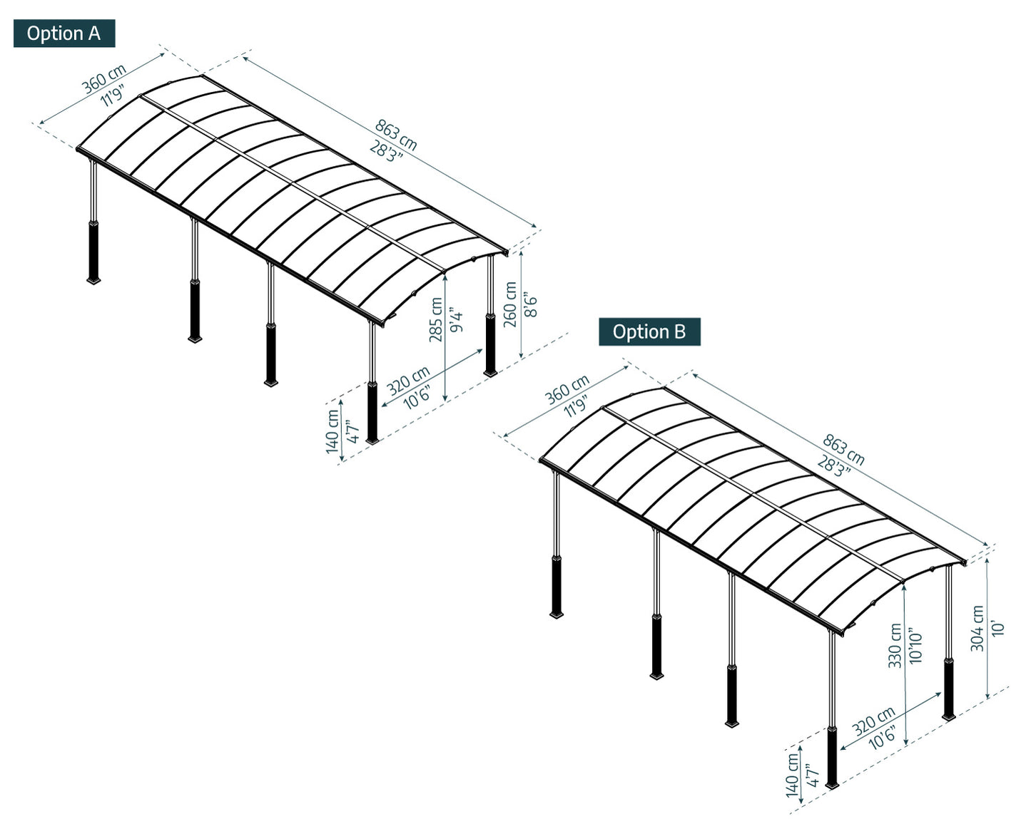 Alpine Carport 3.6m x 8.6m - Grey Frame With Grey Roof