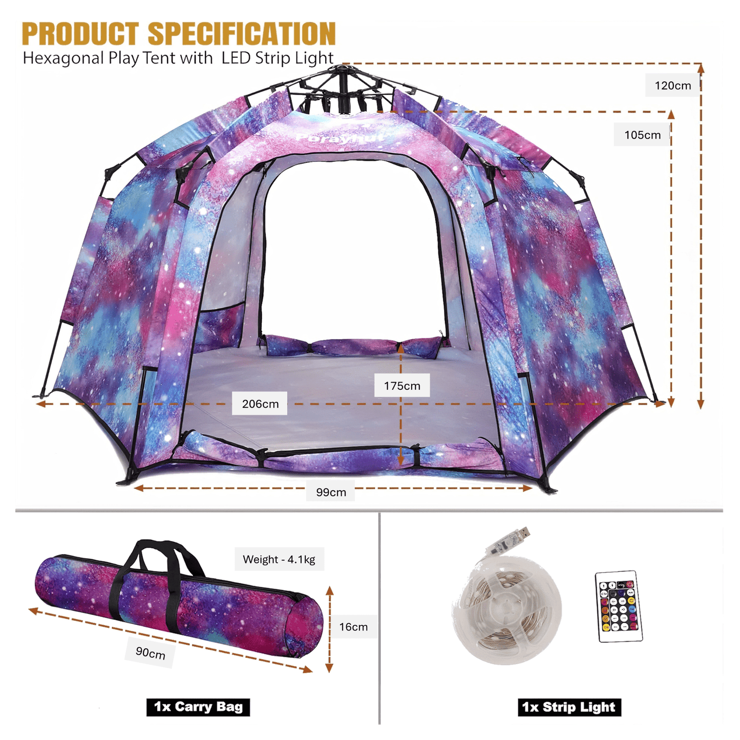 Pop up Play / Sensory Tent with Light Strip - Hex Large - mazeproducts