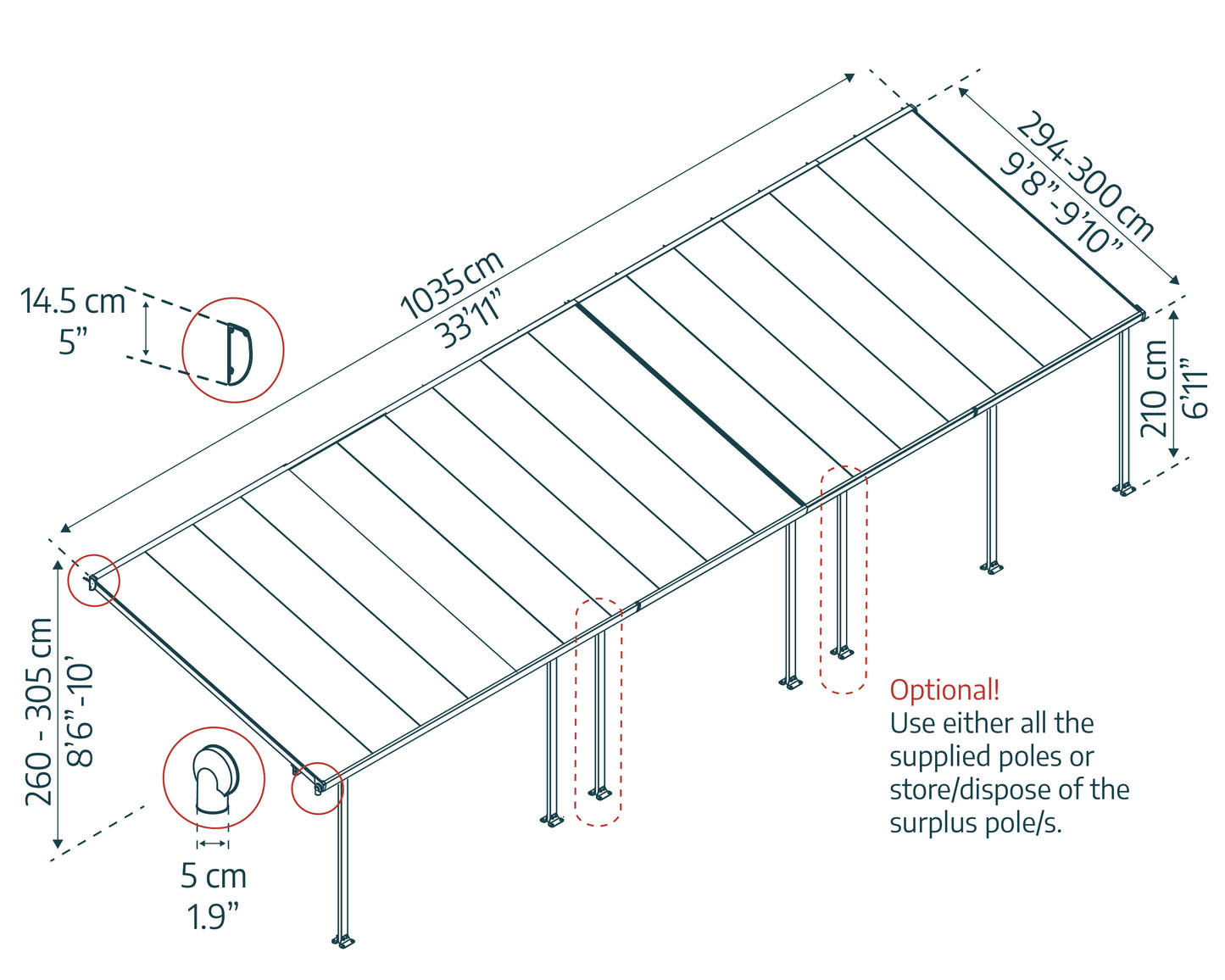 Feria Patio Cover 10.4m x 3m - Grey Frame With Clear Roof