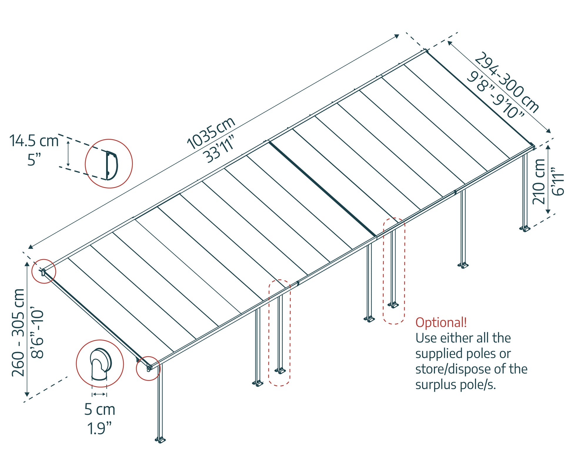 Feria Patio Cover 10.4m x 3m - Grey Frame With Clear Roof
