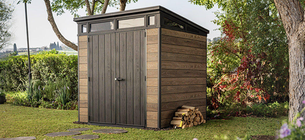 PRE ORDER: OCT. - Keter Signature Pent 7x7 Shed - Walnut Look (2.2 x 2.2m)