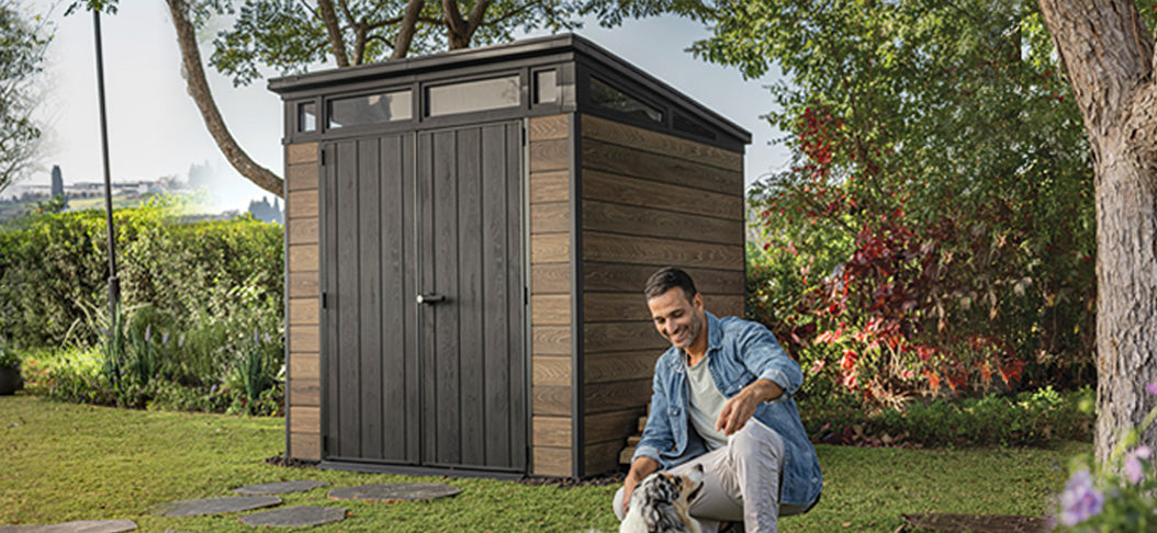 PRE ORDER: OCT. - Keter Signature Pent 7x7 Shed - Walnut Look (2.2 x 2.2m)