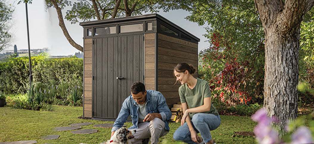 PRE ORDER: OCT. - Keter Signature Pent 7x7 Shed - Walnut Look (2.2 x 2.2m)