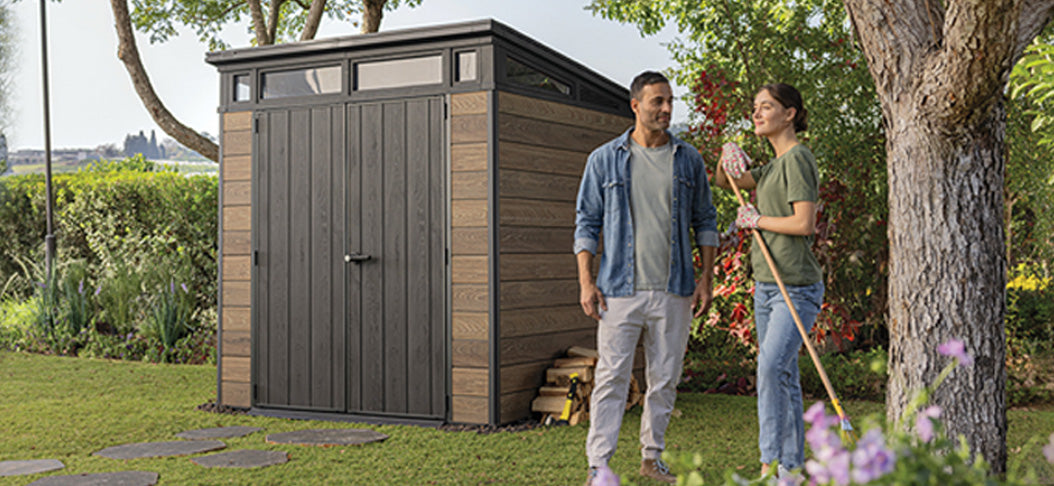 PRE ORDER: OCT. - Keter Signature Pent 7x7 Shed - Walnut Look (2.2 x 2.2m)