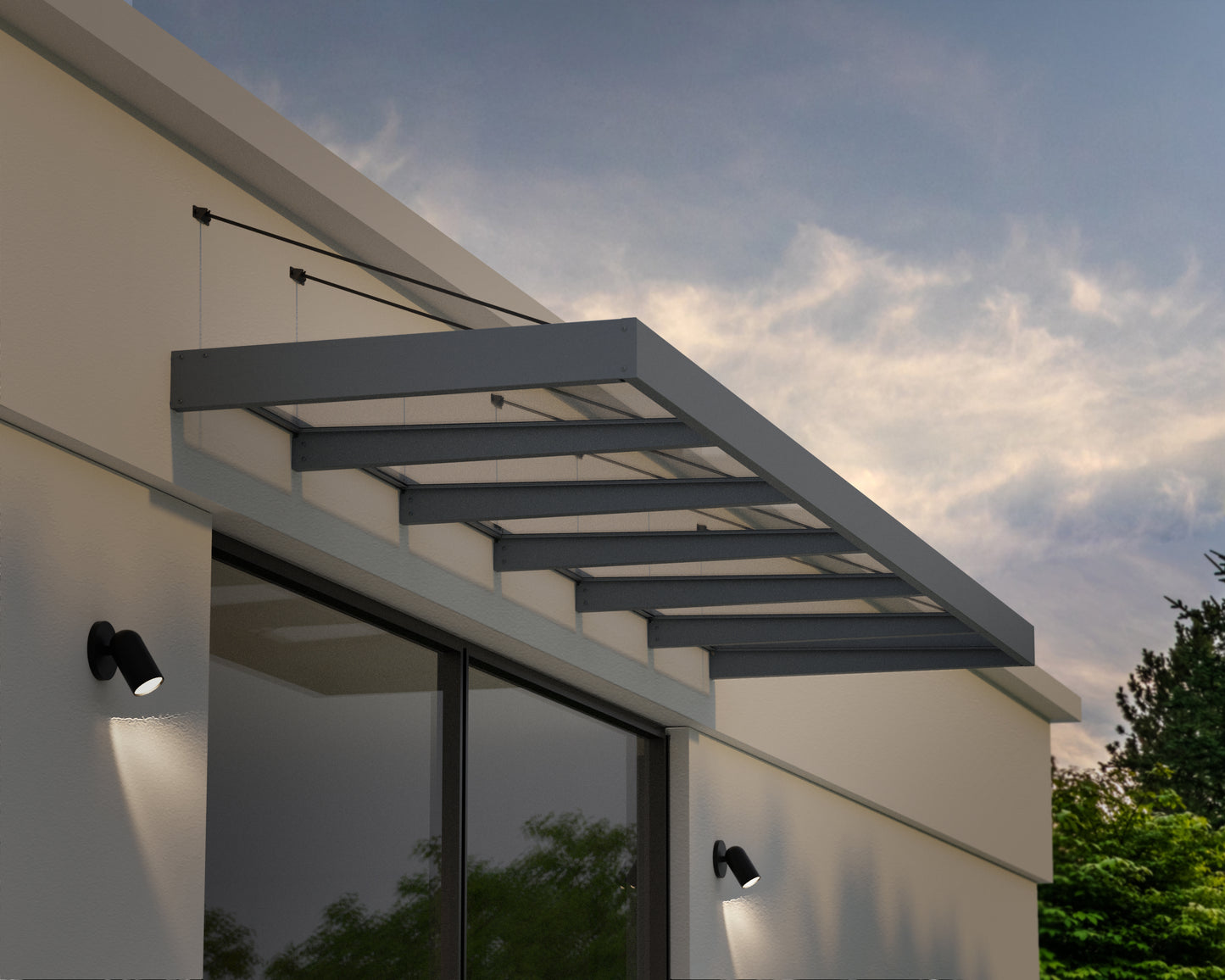Sophia XL Door Awning 5.7m x 1.4m - Grey Frame with Clear Panel