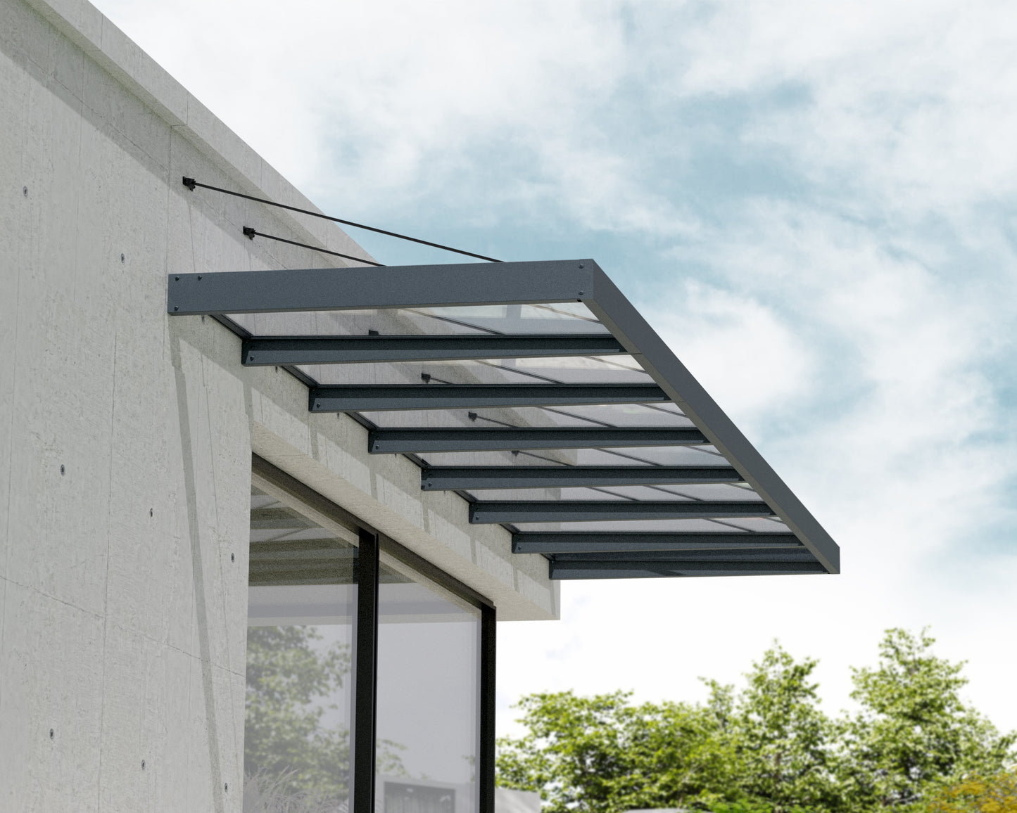 Sophia XL Door Awning 6.6m x 1.4m - Grey Frame with Clear Panel