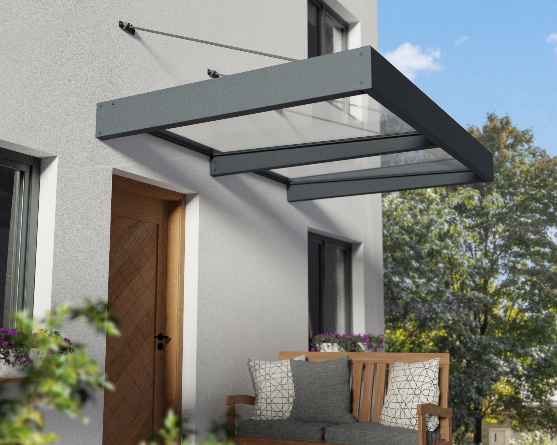 Sophia XL Door Awning 1.9m x 1.4m - Grey Frame with Clear Panel - mazeproducts