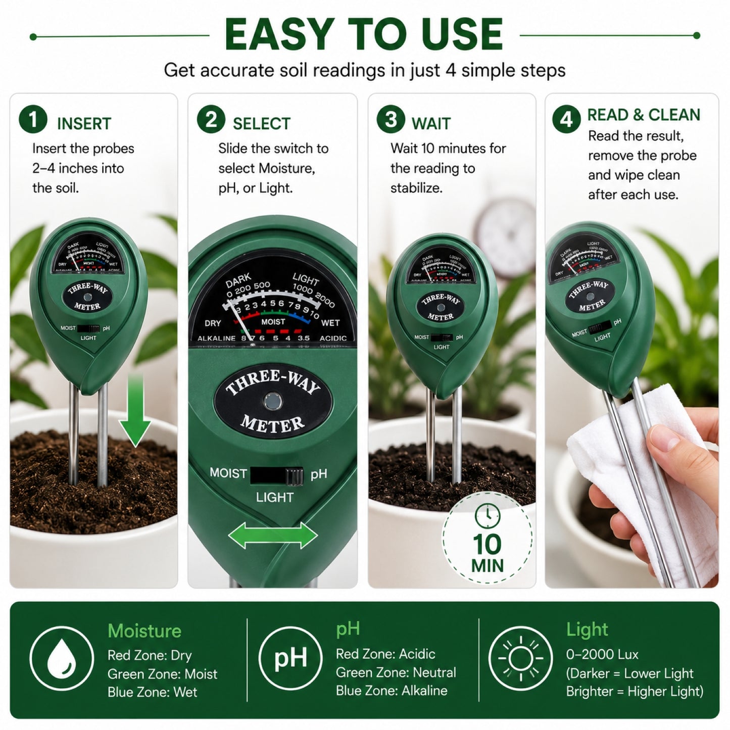 3 in 1 soil pH moisture meter