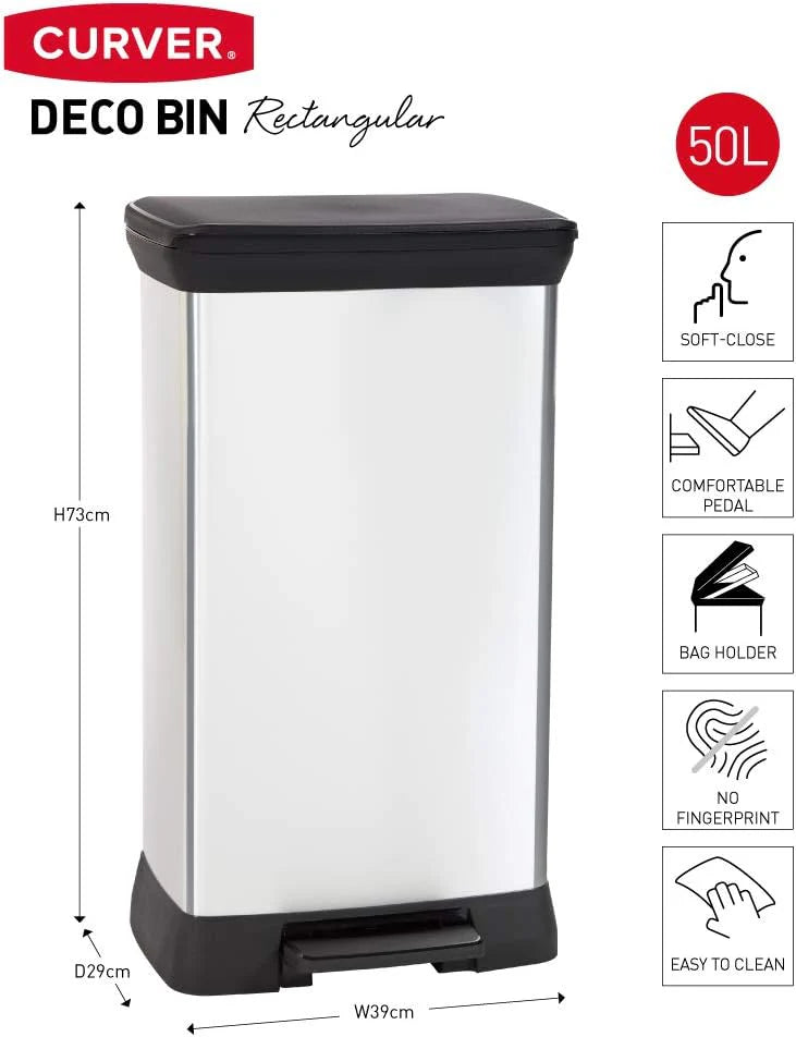 PRE ORDER MAR. - CURVER Rectangular Pedal Bin - 50L - Steel Look