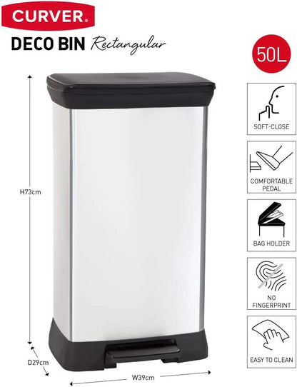 PRE ORDER MAR. - CURVER Rectangular Pedal Bin - 50L - Steel Look