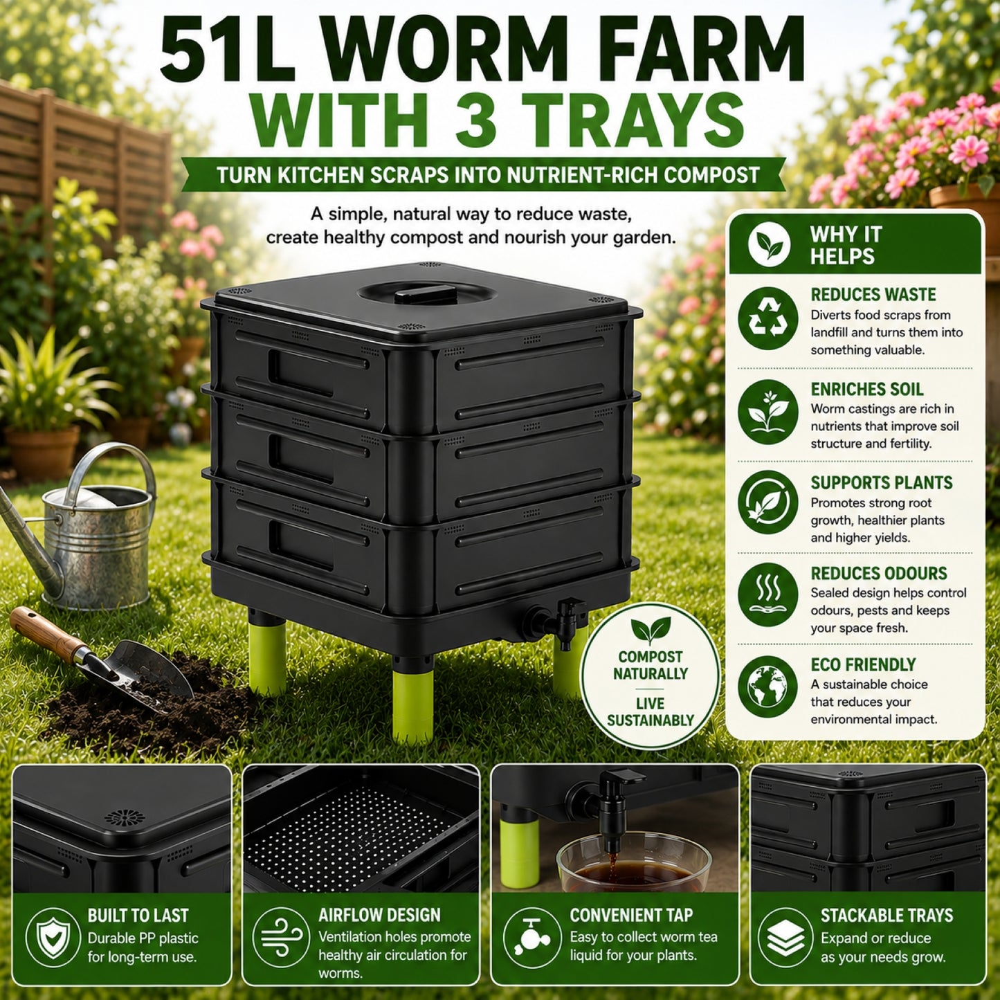 51L Worm Farm with 3 Trays With 1000 Worms