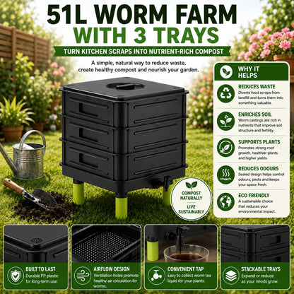 51L Worm Farm with 3 Trays With 1000 Worms