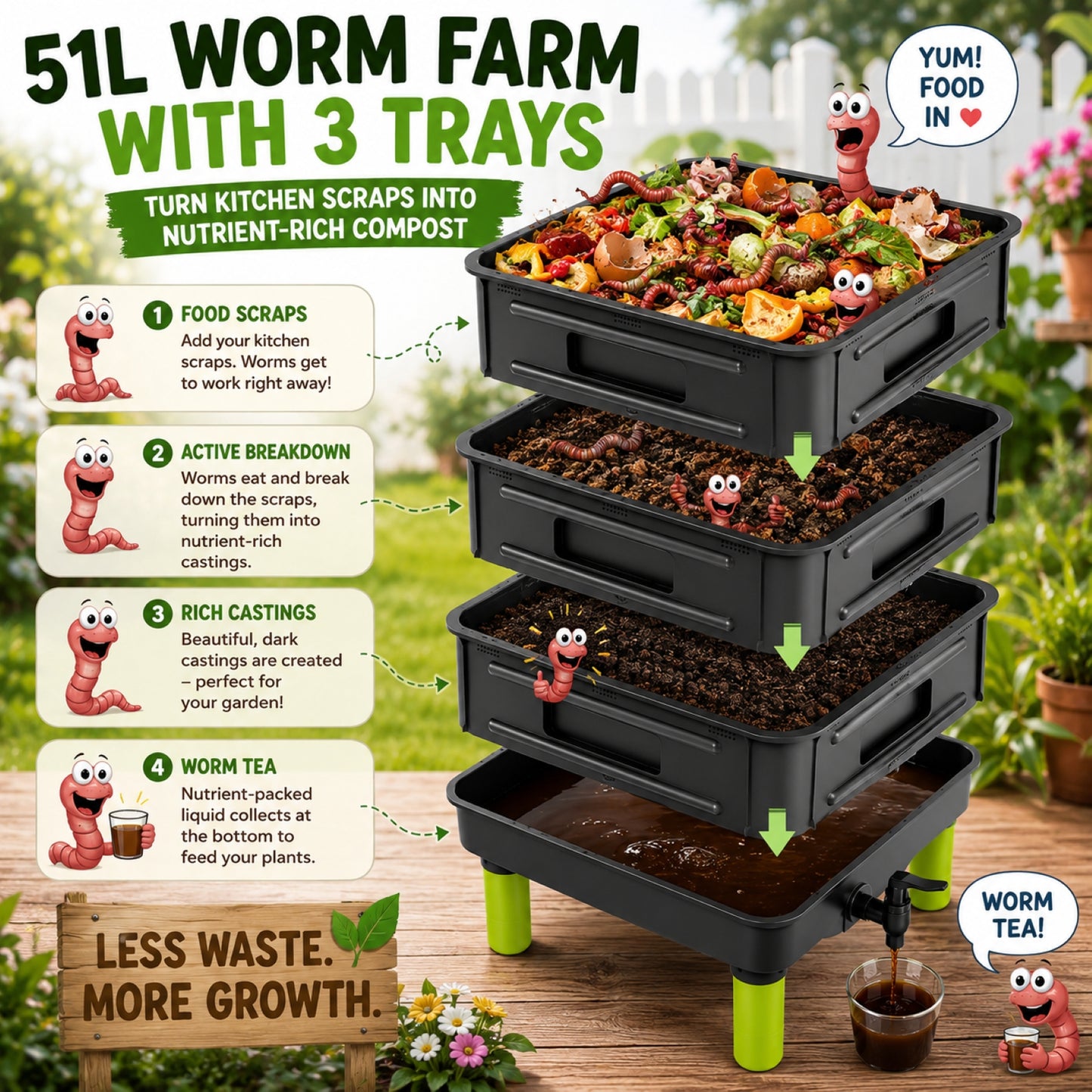 51L Worm Farm with 3 Trays With 1000 Worms