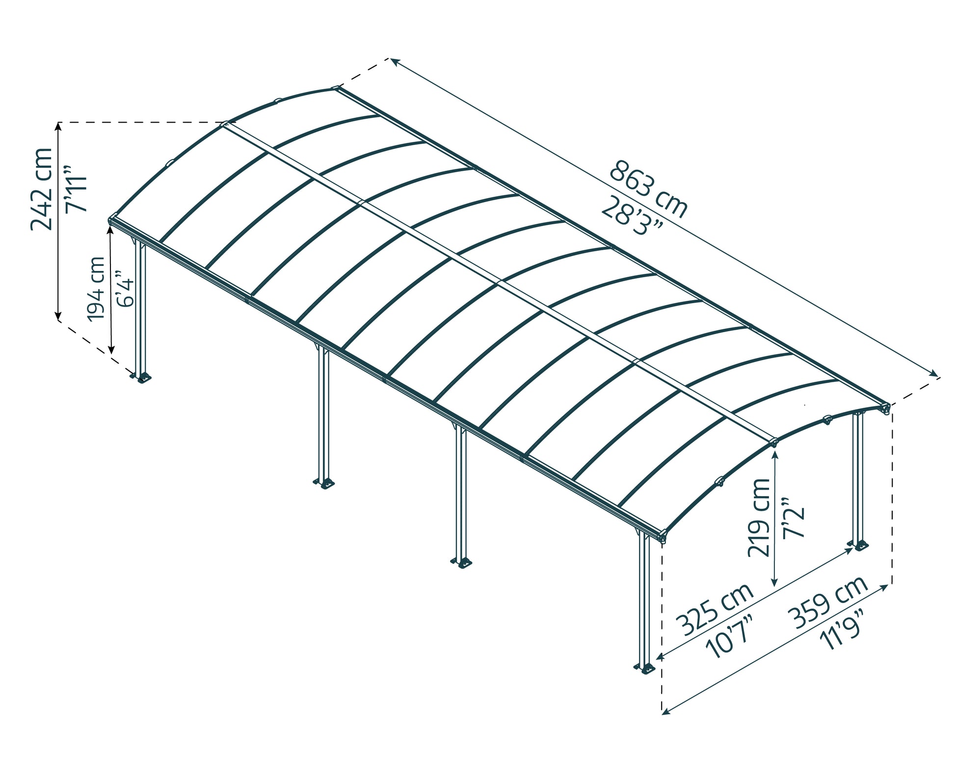 Arcadia Carport 3.6m x 8.6m - Grey Frame With Grey Roof