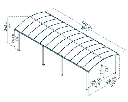Arcadia Carport 3.6m x 8.6m - Grey Frame With Grey Roof