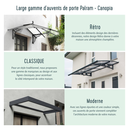Sophia XL Door Awning 8.5m x 1.4m - Grey Frame with Clear Panel