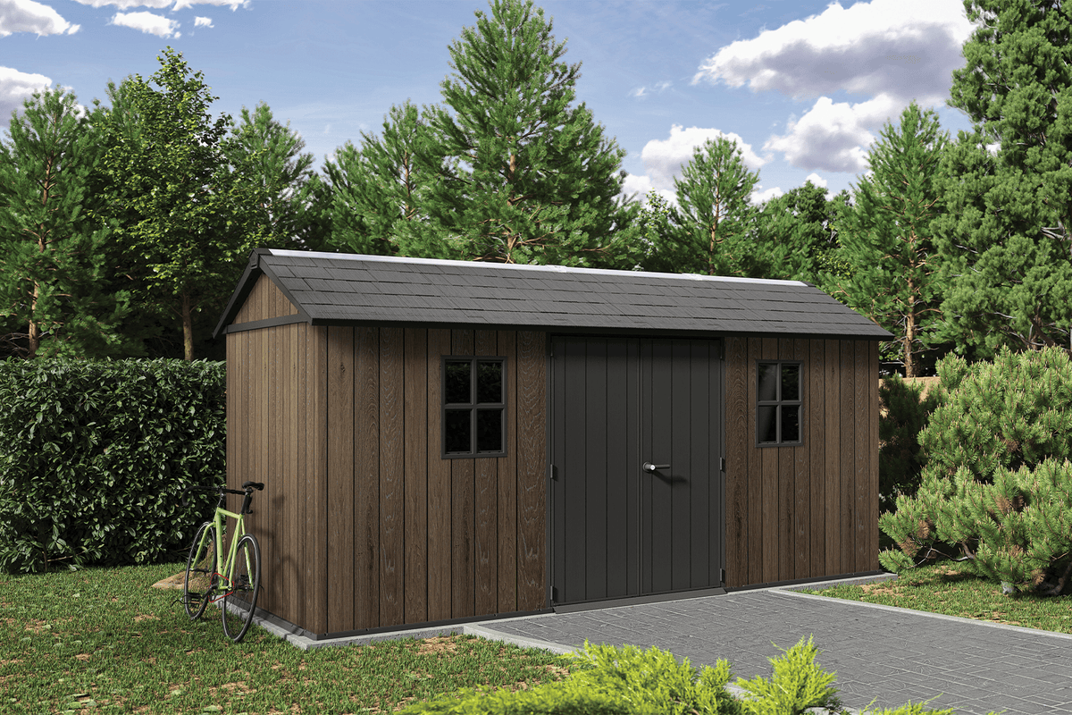PRE ORDER: OCT. - Keter Apex Shed 7.5x15 - Walnut Look (2.3 x 4.6m)