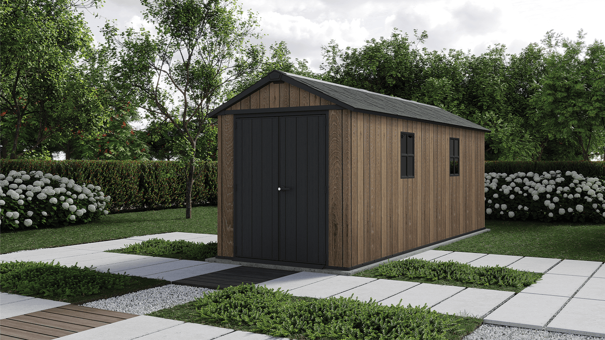 PRE ORDER: OCT. - Keter Apex Shed 7.5x17 - Walnut Look (2.3 x 5.2m)