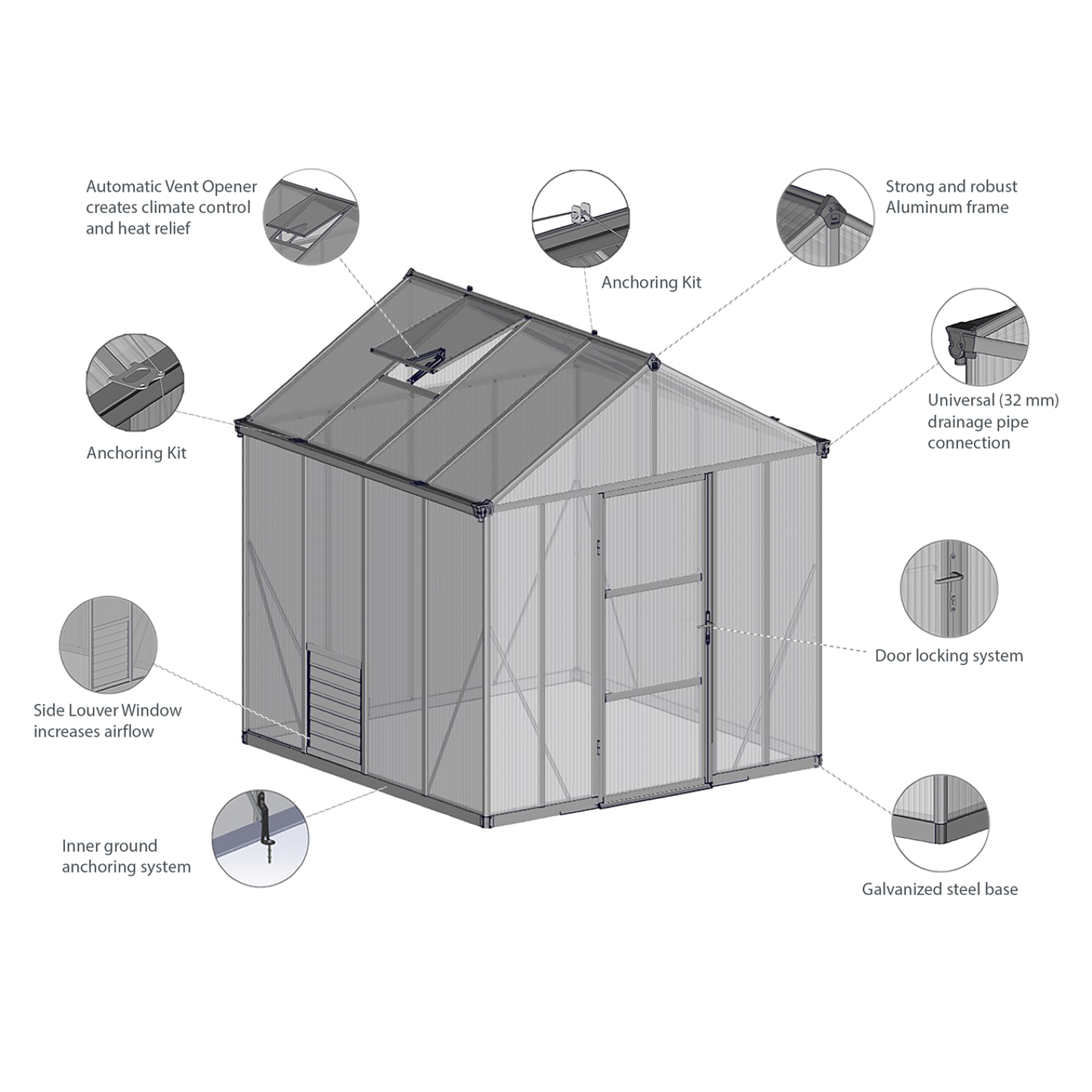 8' x 12' Premium Greenhouse - Grey Frame