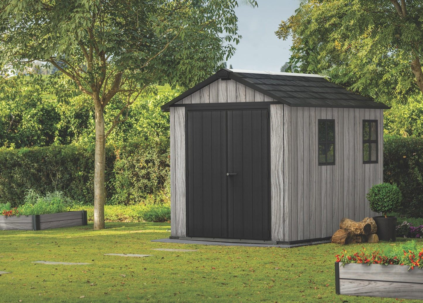 PRE ORDER: OCT. - Keter Apex Shed 7.5x9 - Stormgrey Look (2.3 x 2.9m)