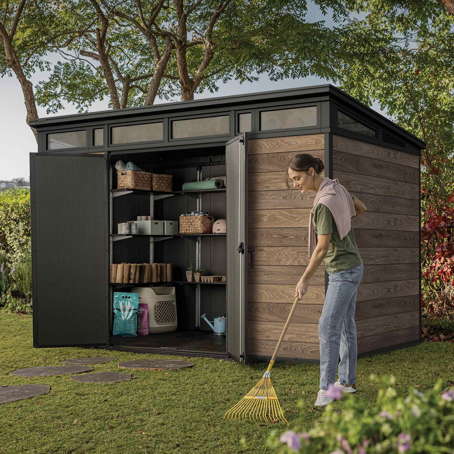 PRE ORDER: OCT. - Keter Signature Pent 11x7 Shed - Walnut Look (3.4 x 2.2m)