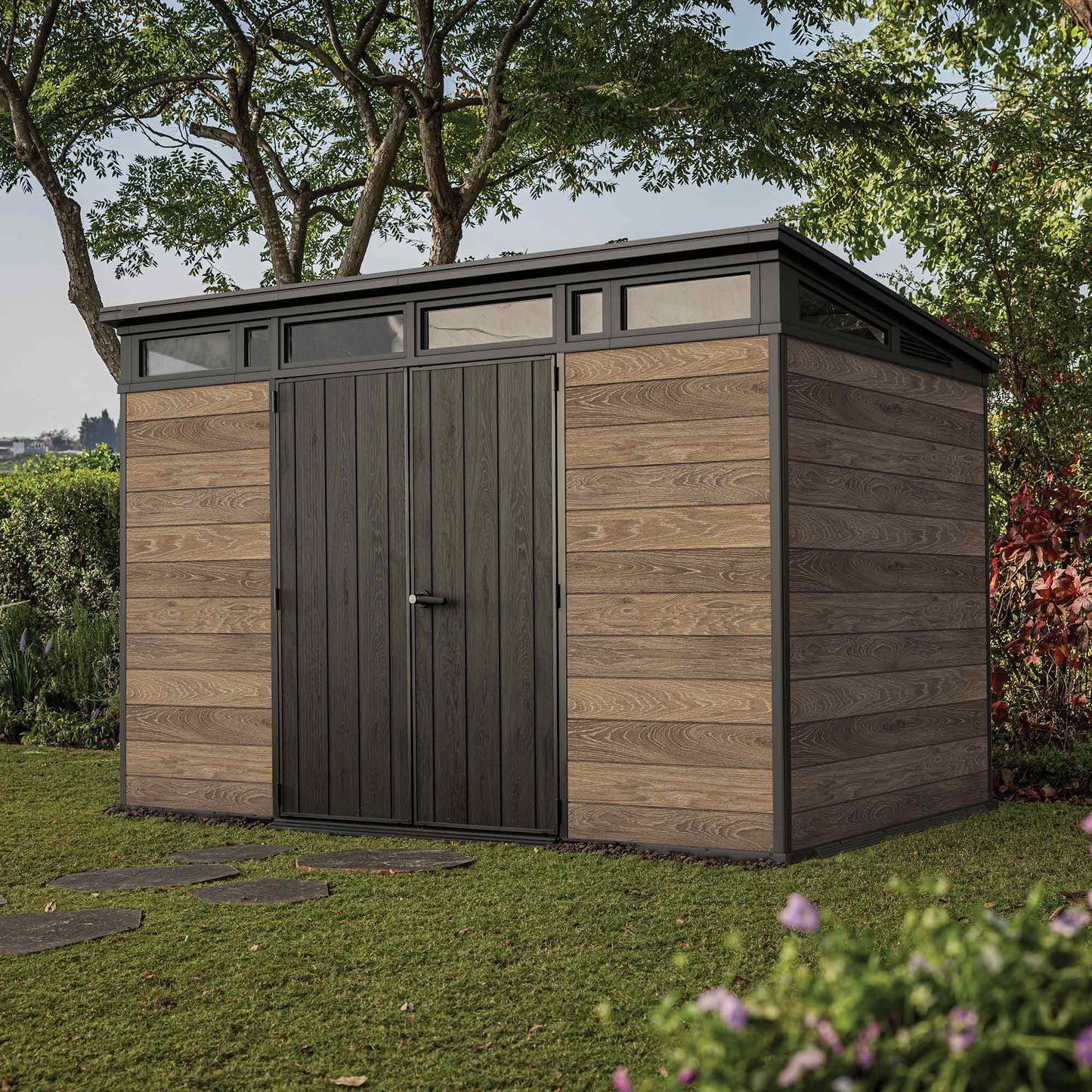 PRE ORDER: OCT. - Keter Signature Pent 11x7 Shed - Walnut Look (3.4 x 2.2m)