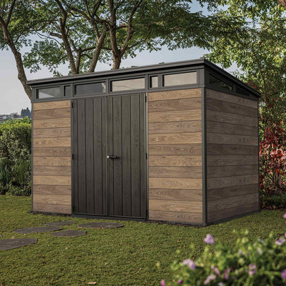 PRE ORDER: OCT. - Keter Signature Pent 11x7 Shed - Walnut Look (3.4 x 2.2m)