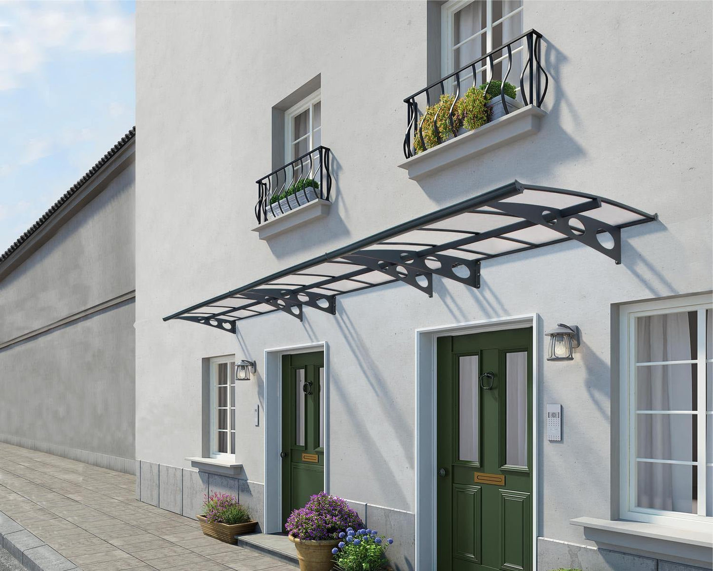 Herald Door Awning 6.7m x 1.4m - Grey Frame With Clear Panel - mazeproducts