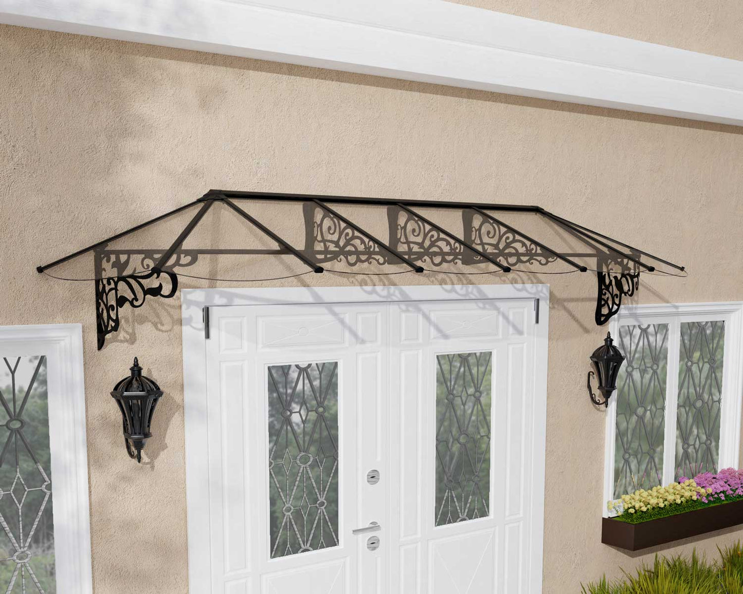 Lily Door Awning 3.7m x 0.9m - Black Frame With Clear Panel