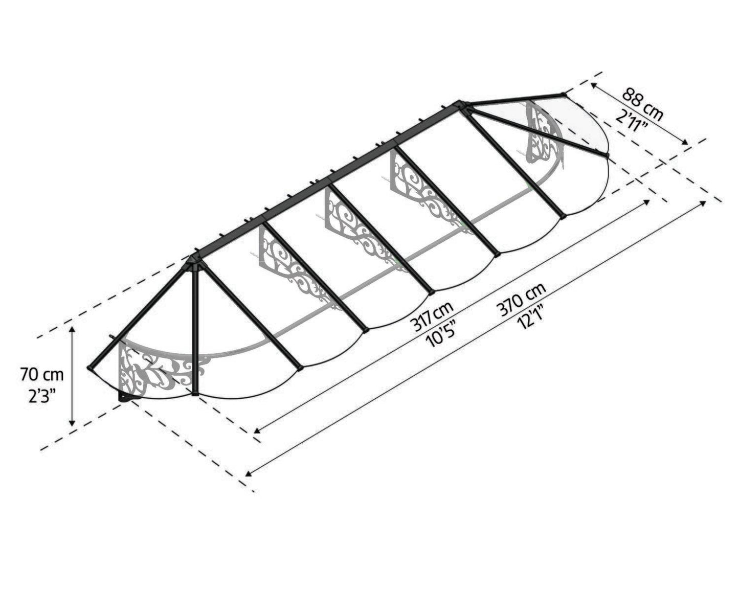 Lily Door Awning 3.7m x 0.9m - Black Frame With Clear Panel