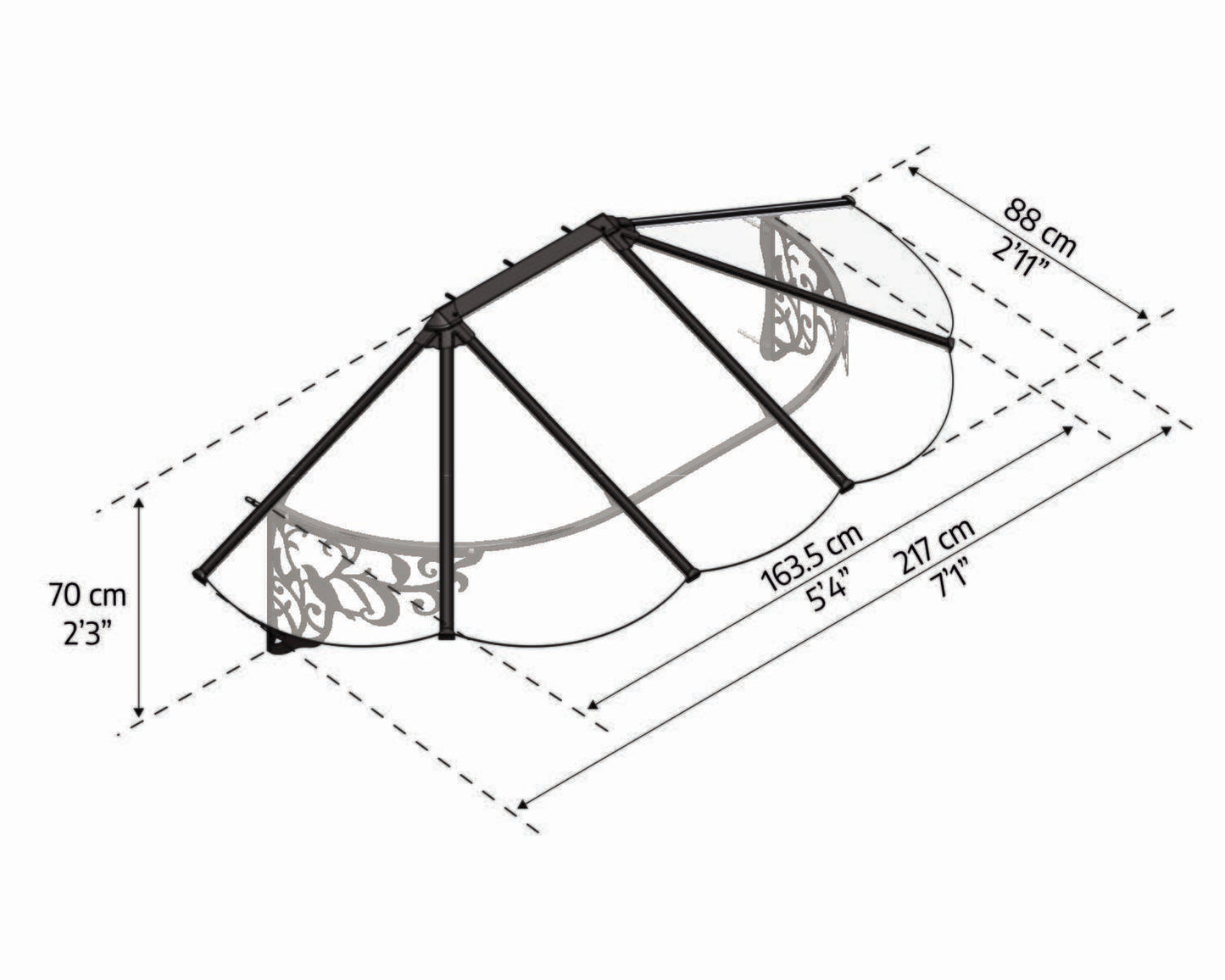 Lily Door Awning 2.2m x 0.9m - Black Frame With Clear Panel