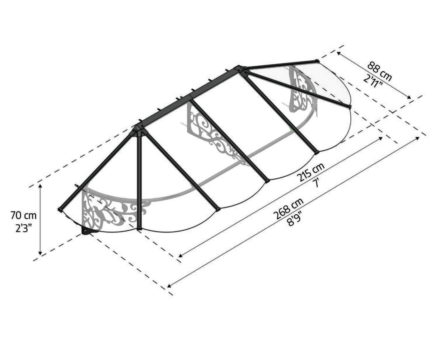 Lily Door Awning 2.7m x 0.9m - Black Frame With Clear Panel