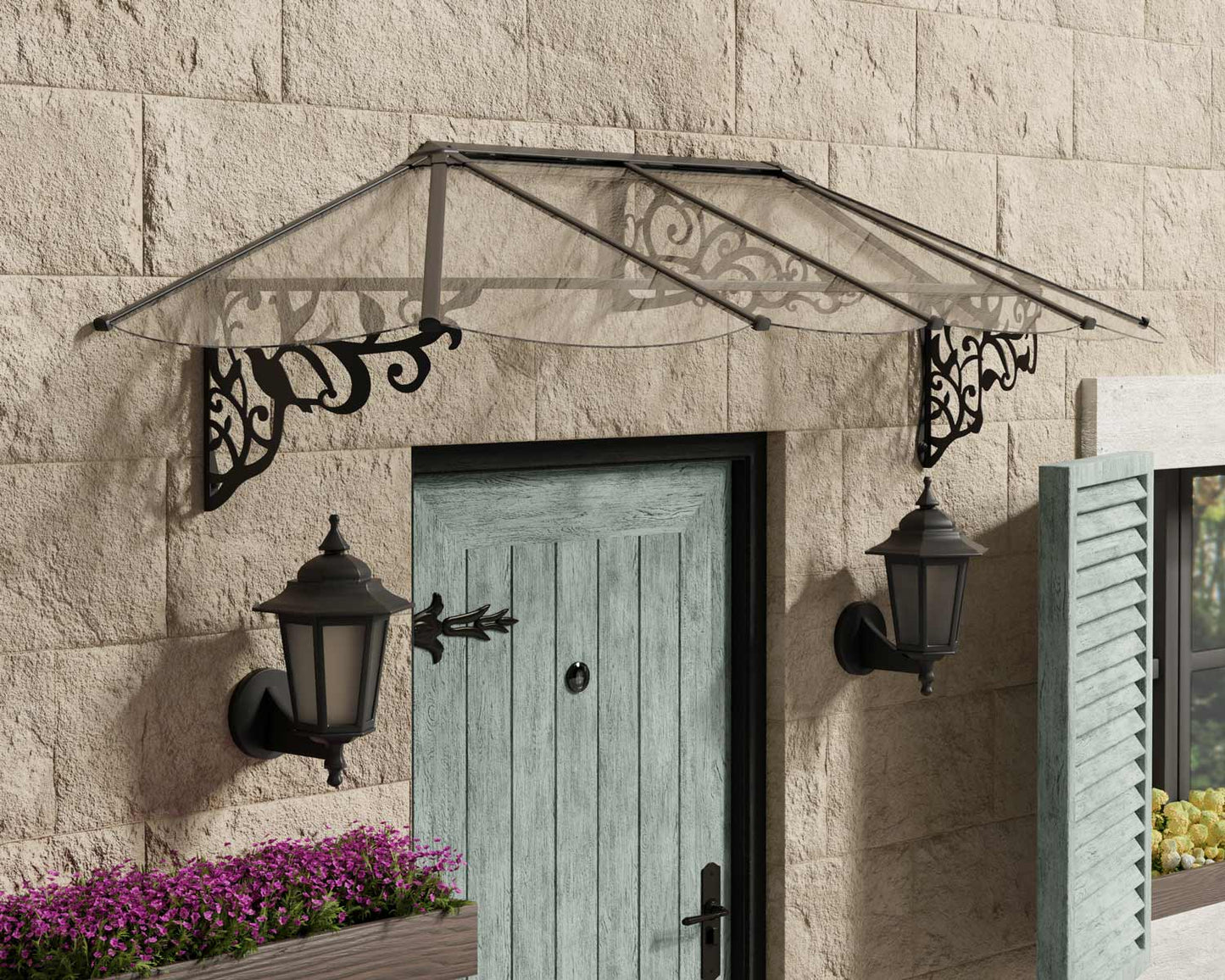 Lily Door Awning 2.7m x 0.9m - Black Frame With Clear Panel