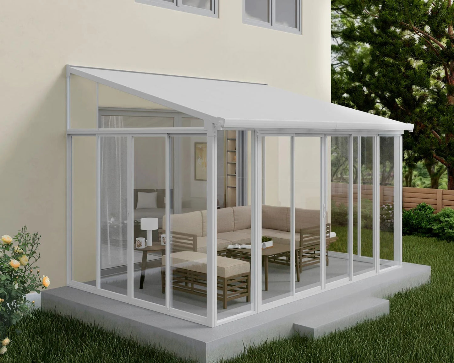 SanRemo Lean To Conservatory / Sunroom 4.3m x 3m - White Frame With White Roof