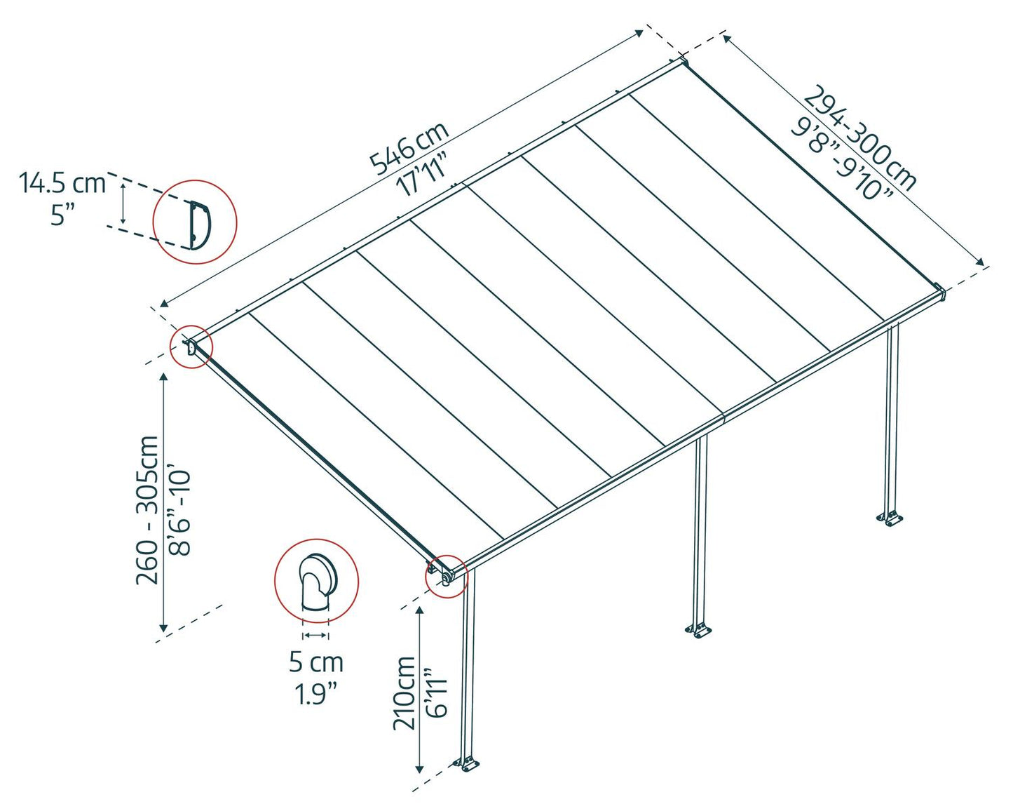 Feria Patio Cover 5.5m x 3m - Grey Frame With Clear Roof