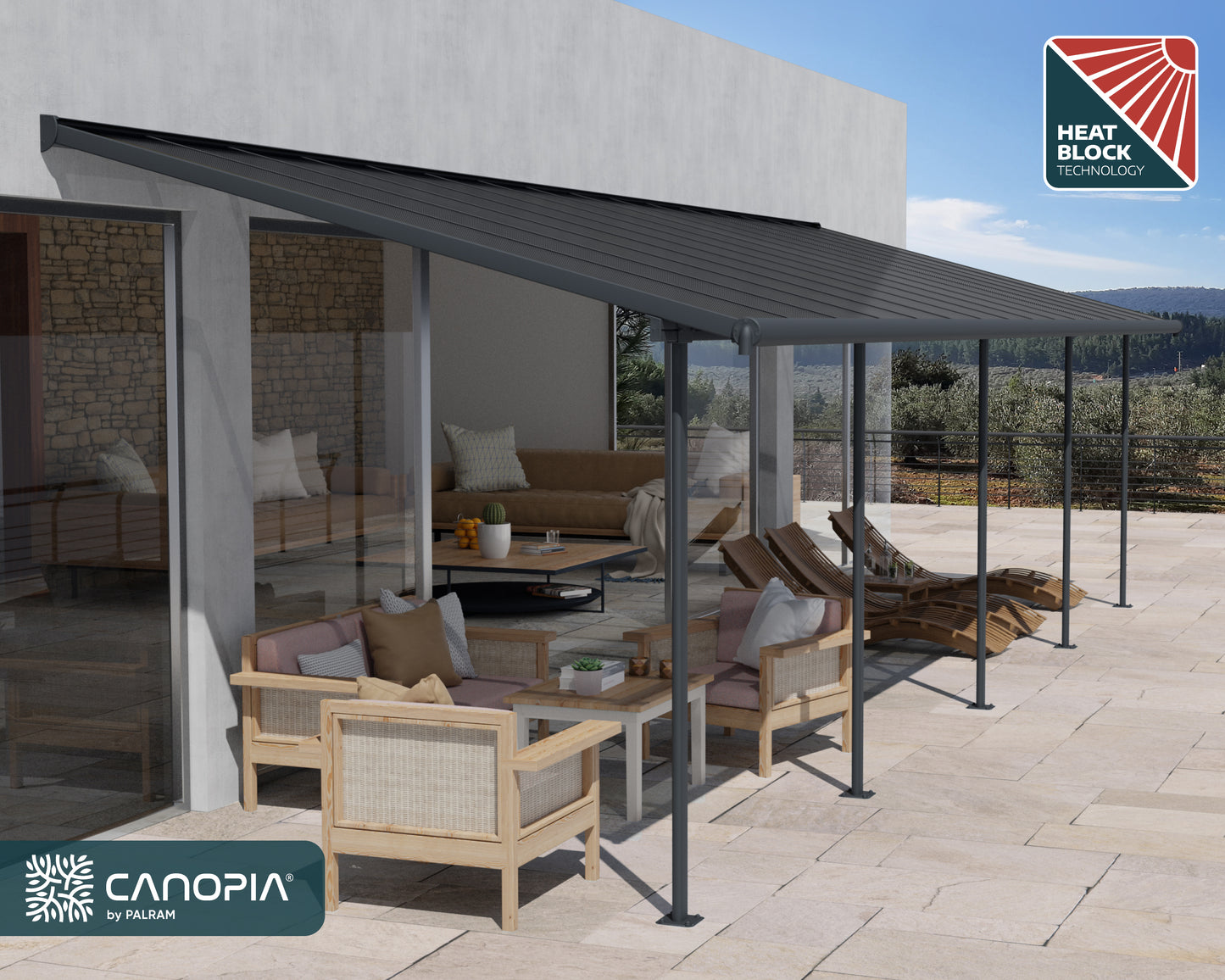 Sierra Patio Cover 8.5m x 3m - Grey Frame With Grey Roof