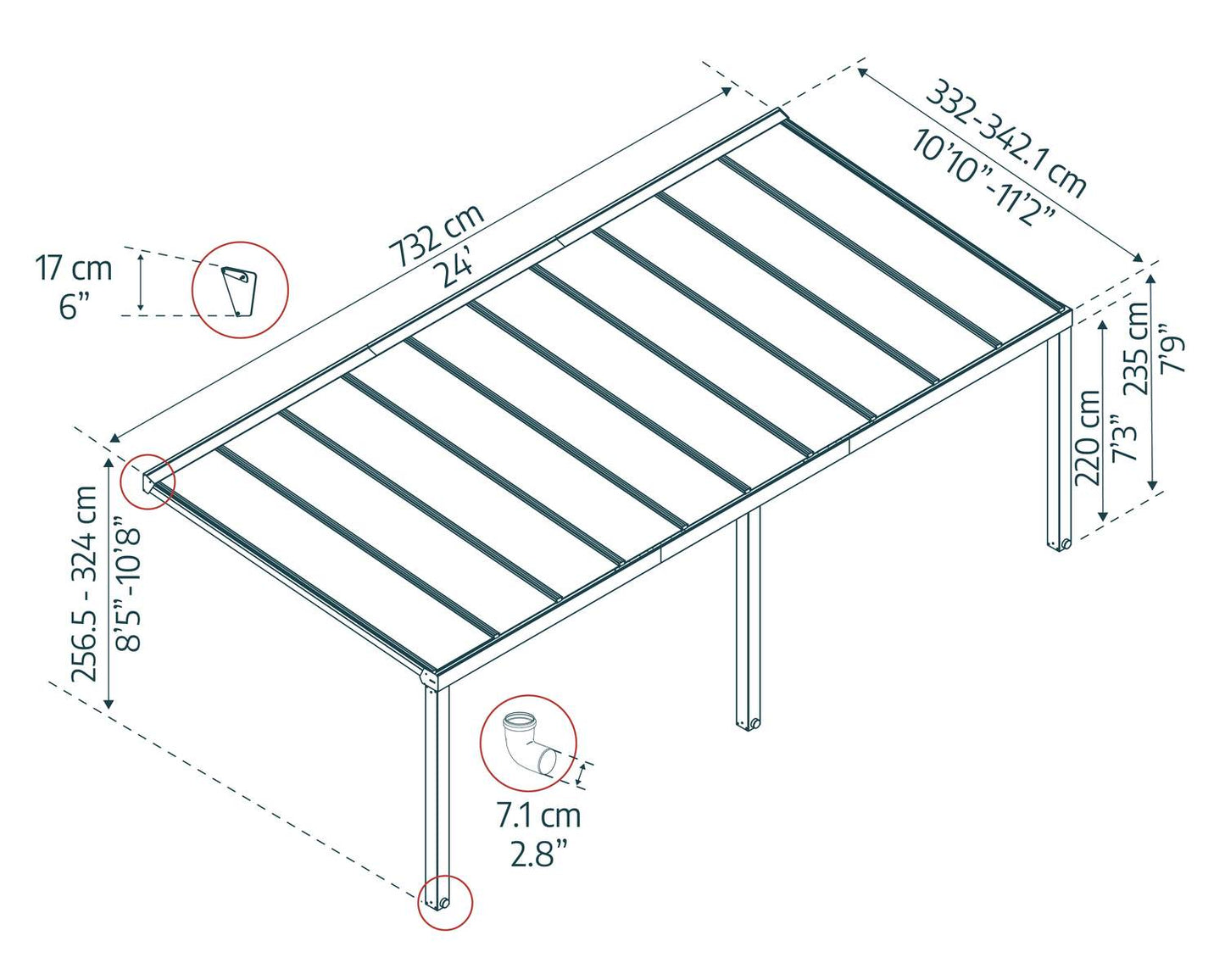Stockholm Patio Cover 7.3m x 3.4m - Grey Frame With Clear Roof