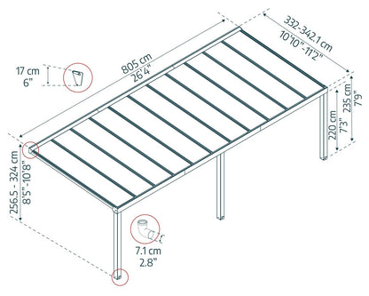 Stockholm Patio Cover 8m x 3.4m - Grey Frame With Clear Roof
