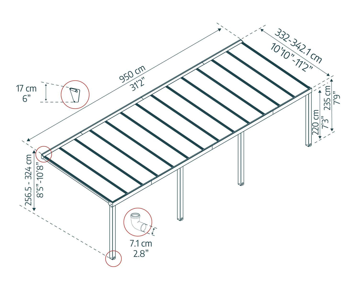 Stockholm Patio Cover 9.5m x 3.4m - Grey Frame With Clear Roof