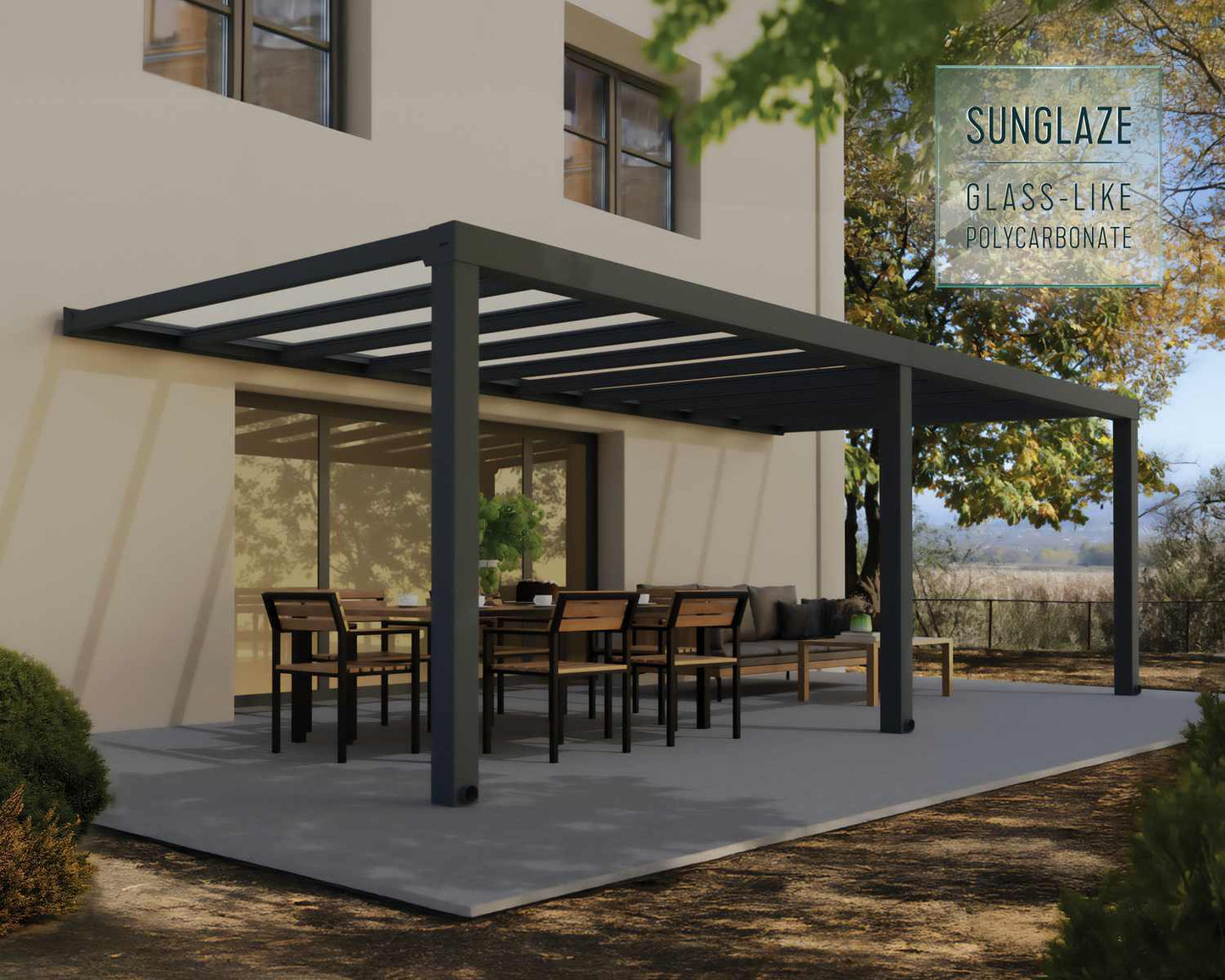 Stockholm Patio Cover 7.3m x 3.4m - Grey Frame With Clear Roof