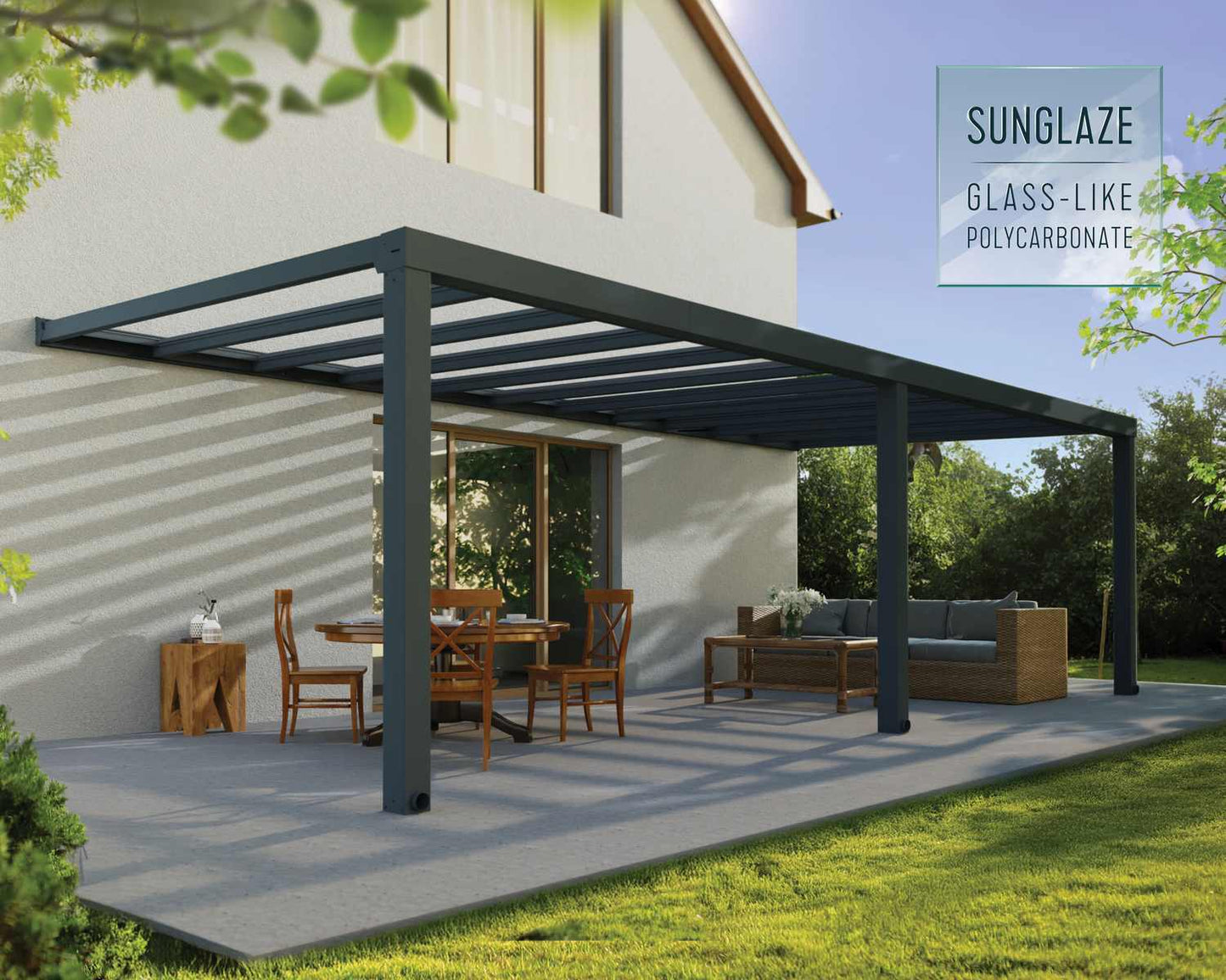 Stockholm Patio Cover 8m x 3.4m - Grey Frame With Clear Roof