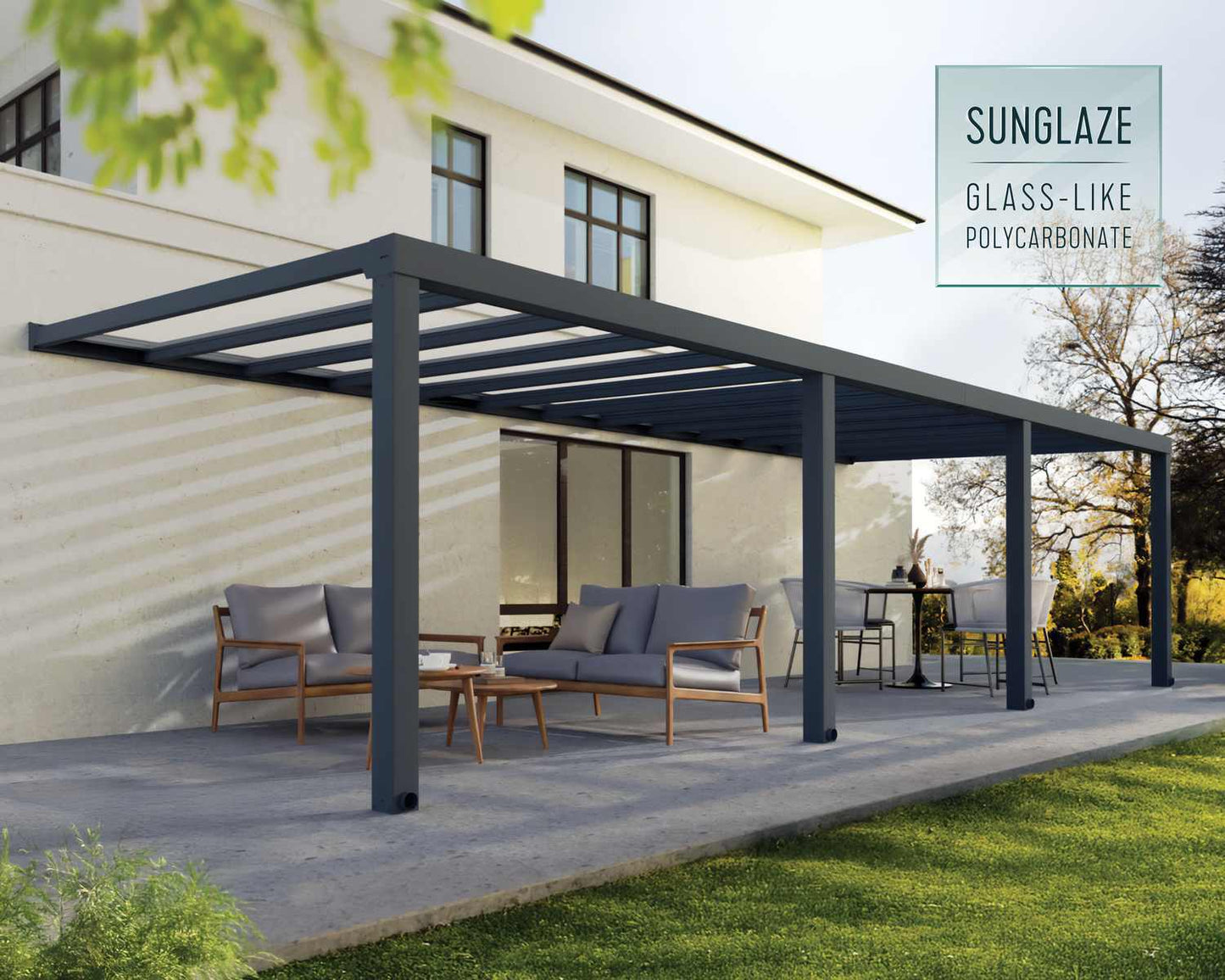 Stockholm Patio Cover 9.5m x 3.4m - Grey Frame With Clear Roof