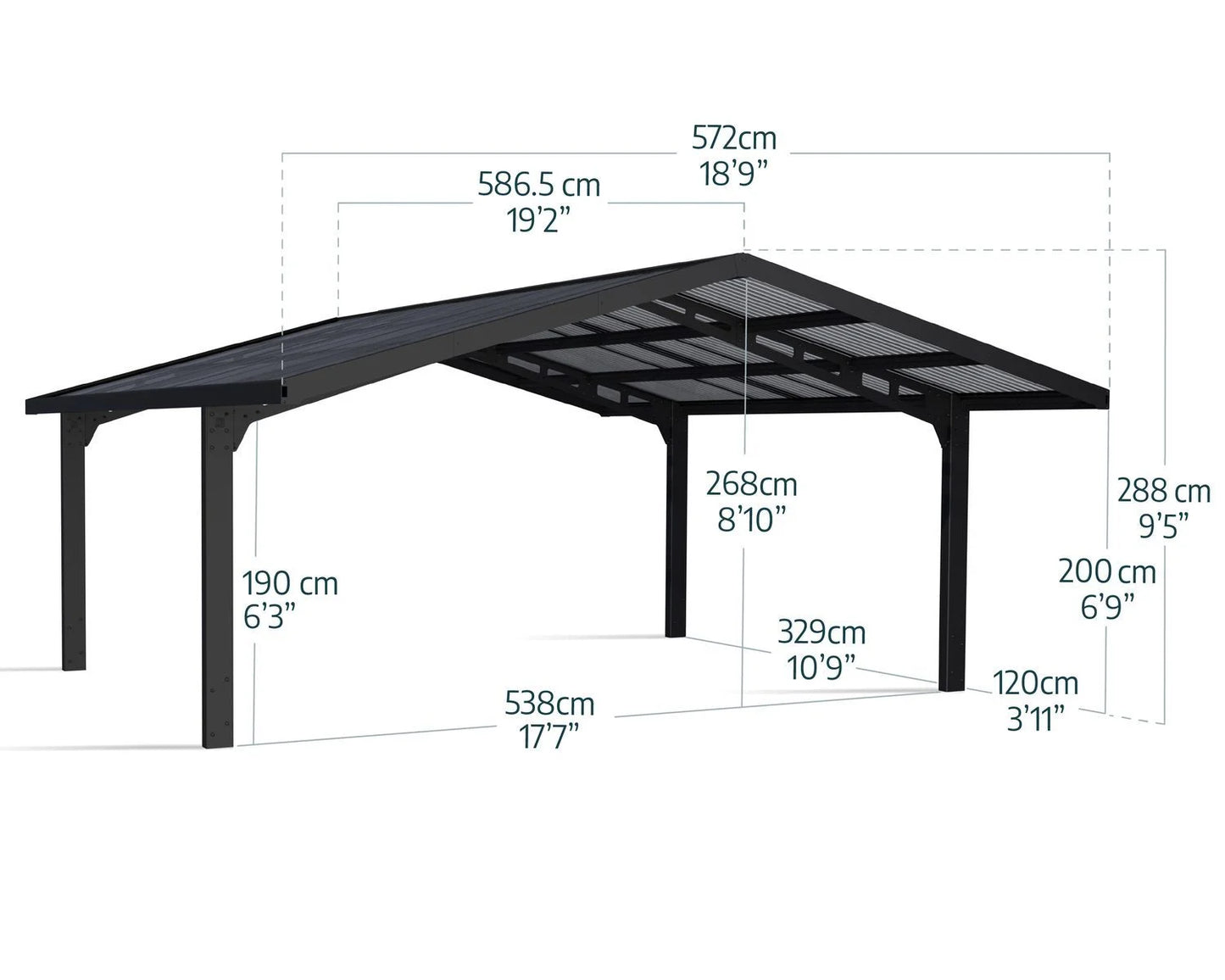 Sydney Carport Double 5.7m x 5.9m WINGS - Grey Frame With Grey Corrugated Roof